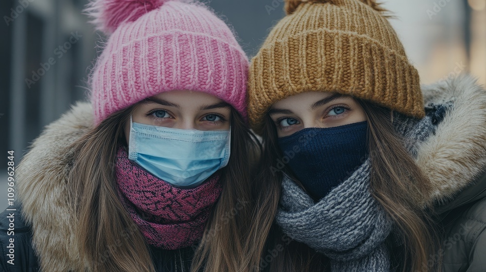 Winter Wonderland: Two Young Women in Winter Hats and Masks - Two women, winter hats, face masks, cold weather, friendship Winter Wonderland: Two Young Women in Winter Hats and Masks - Two women, winter hats, face masks, cold weather, friendship