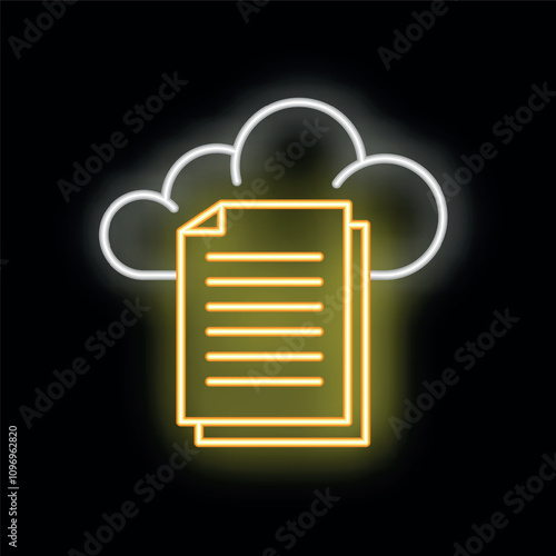 Glowing neon icon of documents uploading to a cloud storage service on a black background