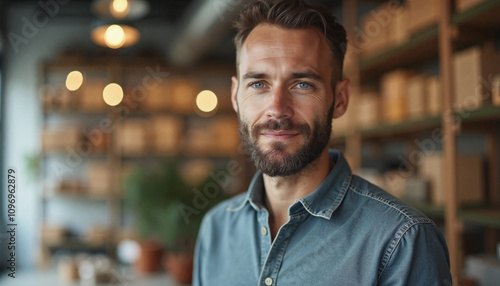 Confident man with beard smiling warmly against blurred cafe background