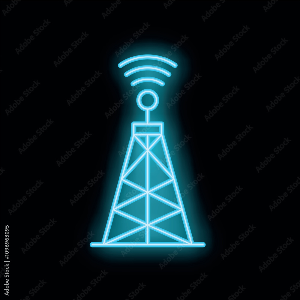 Blue neon icon of a telecommunication tower sending radio waves, isolated on a black background Blue neon icon of a telecommunication tower sending radio waves, isolated on a black background