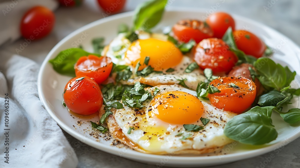 A delicious and healthy breakfast of fried eggs with roasted cherry tomatoes and fresh basil. The vibrant colors and simple preparation make this a perfect start to the day. A delicious and healthy breakfast of fried eggs with roasted cherry tomatoes and fresh basil. The vibrant colors and simple preparation make this a perfect start to the day.
