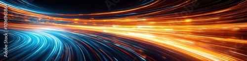 Dynamic blue and orange light trails on black