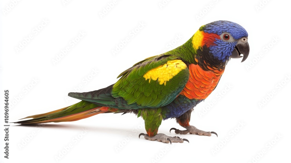 Obraz premium Rainbow Lorikeet: Vibrant Parrot on White Background - Stunning Rainbow Lorikeet, isolated, vibrant plumage, exotic bird, Australian wildlife.