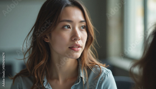 Asian Woman with Thoughtful Expression Looking Away Against Blurred Interior