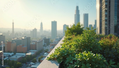 Urban Skyline with Rooftop Garden Overlooking Misty Cityscape at Dawn