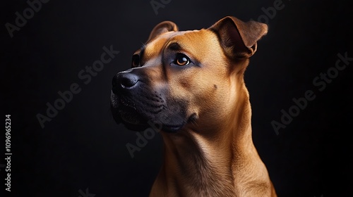 Close-up portrait of an adorable fawn-colored dog against a dark background. The dog's expressive eyes and soft fur are highlighted in the image.