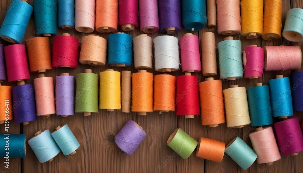 hilos y agujas una vista superior de bobinas de hilo de colores, agujas, botones y retazos de tela en un fondo de madera. ideal para fondos temáticos de costura o diseño textil hilos y agujas una vista superior de bobinas de hilo de colores, agujas, botones y retazos de tela en un fondo de madera. ideal para fondos temáticos de costura o diseño textil
