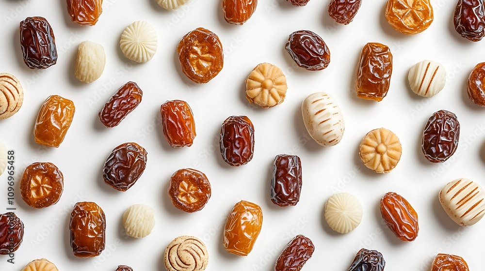 A delightful arrangement of dates and assorted sweets, creating a visually appealing pattern. The warm tones of the dates and the creamy white sweets complement each other beautifully. A delightful arrangement of dates and assorted sweets, creating a visually appealing pattern. The warm tones of the dates and the creamy white sweets complement each other beautifully.