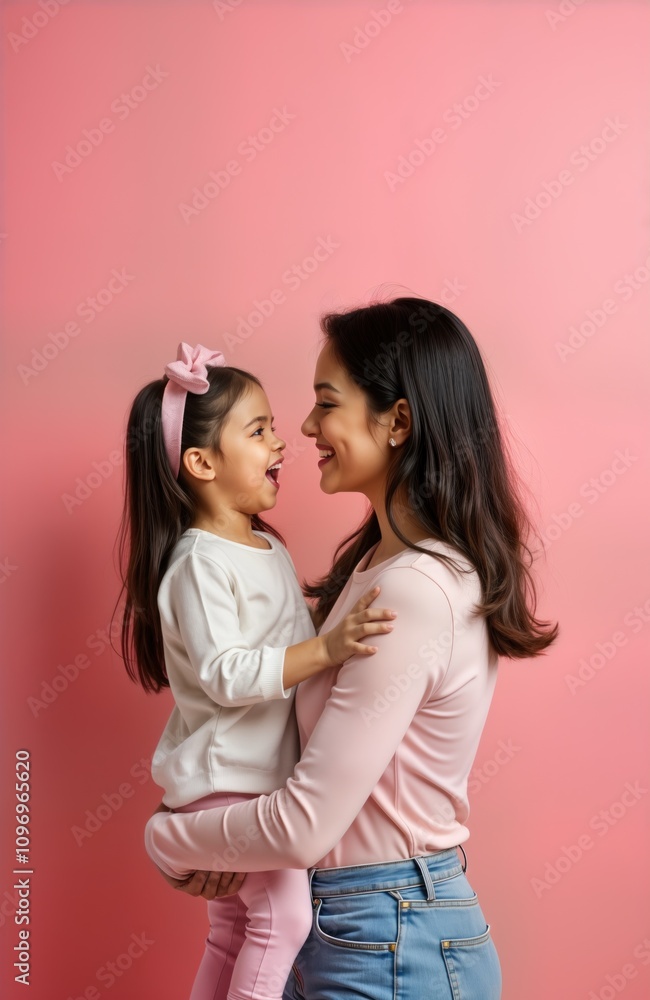 Happy mother gently holds her smiling daughter. They face each other pink background. Mothers Day family portrait. Child and mom enjoy tender moment. Love and care. Family happiness. Happy mother gently holds her smiling daughter. They face each other pink background. Mothers Day family portrait. Child and mom enjoy tender moment. Love and care. Family happiness.