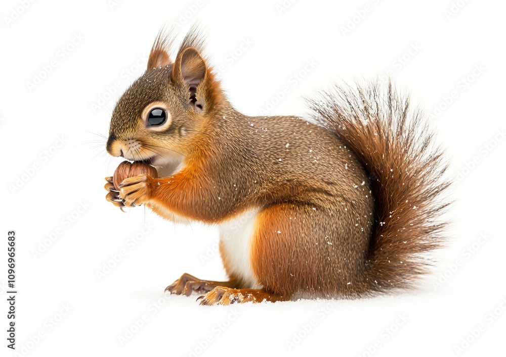 Red Squirrel Eating Nut in Snow, Cute Winter Wildlife Photography. AI generated illustration Red Squirrel Eating Nut in Snow, Cute Winter Wildlife Photography. AI generated illustration