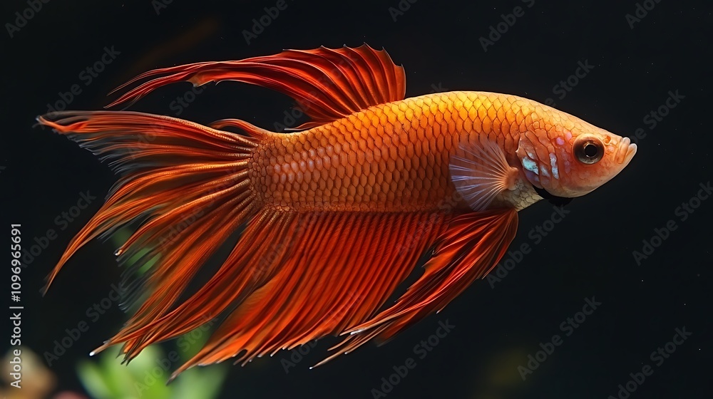 Vibrant orange betta fish with long, flowing fins gracefully swims against a dark background. A stunning display of aquatic life. Vibrant orange betta fish with long, flowing fins gracefully swims against a dark background. A stunning display of aquatic life.