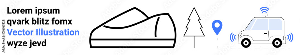 Abstract shoe, eco-friendly tree, GPS pin, autonomous vehicle with wireless symbol. Ideal for tech, GPS navigation, environmental awareness, eco-friendly products, smart devices, autonomous tech Abstract shoe, eco-friendly tree, GPS pin, autonomous vehicle with wireless symbol. Ideal for tech, GPS navigation, environmental awareness, eco-friendly products, smart devices, autonomous tech