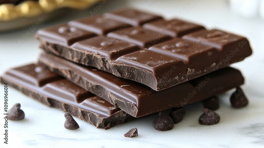 A stack of dark chocolate bars with chocolate chips scattered around. A stack of dark chocolate bars with chocolate chips scattered around.