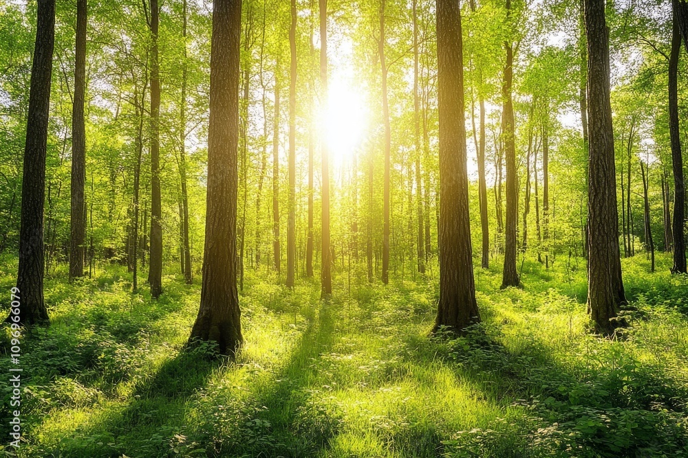 Obraz premium Serene Sunlight Filtering Through Forest Canopy - Peaceful forest scene, sunlight streams through trees, creating a tranquil atmosphere. Symbolizing nature, peace, serenity, growth, and renewal.