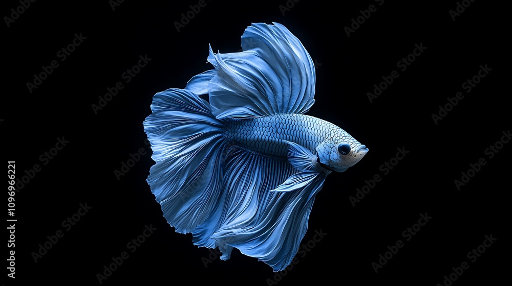 Fototapeta premium A vibrant blue betta fish gracefully glides through the water, its fins spread in a mesmerizing display against a stark black background. 