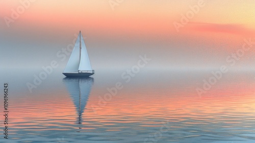 Solitary sailboat on calm water at sunset, reflecting on tranquil surface. photo