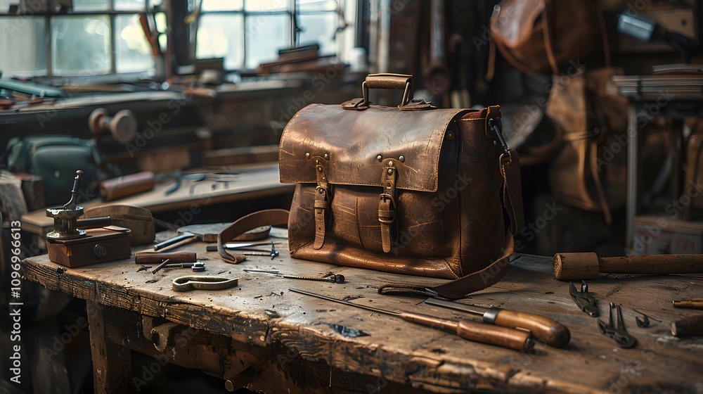 The photo captures a handmade leather bag resting on a wooden workbench with tools scattered around, Photography, Minimalist Style, neutral backdrops, subtle contrasts, highlighting the craft of leath The photo captures a handmade leather bag resting on a wooden workbench with tools scattered around, Photography, Minimalist Style, neutral backdrops, subtle contrasts, highlighting the craft of leath