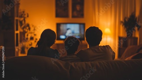 Family enjoys a cozy movie night together in a warm, softly lit living room