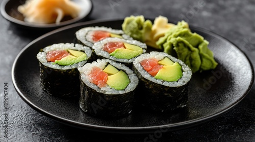 A plate of five sushi rolls with tuna and avocado, served with pickled ginger, wasabi and soy sauce.