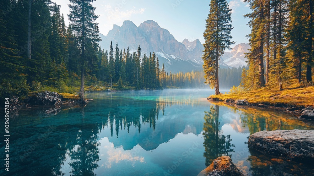 Fototapeta premium Calm lake reflecting mountains at sunrise.