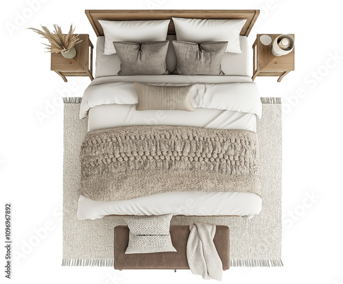Top View of a Queen-Size Bed with Textured Throw Blanket, Bedside Tables, and a Bench at the Foot, Isolated on White Background