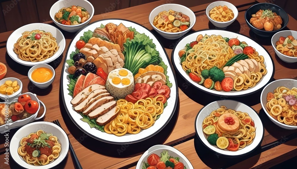 Platos de Comida Elegantes Una composición con platos bien decorados de diferentes tipos de comida (ensaladas, pastas, postres) sobre una mesa elegante. Ideal para fondos gastronómicos Platos de Comida Elegantes Una composición con platos bien decorados de diferentes tipos de comida (ensaladas, pastas, postres) sobre una mesa elegante. Ideal para fondos gastronómicos