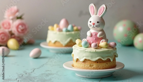 Wallpaper Mural Cute Easter Bunny Cake Cheerfully Decorated with Pastel Eggs Against Soft Spring Background Torontodigital.ca