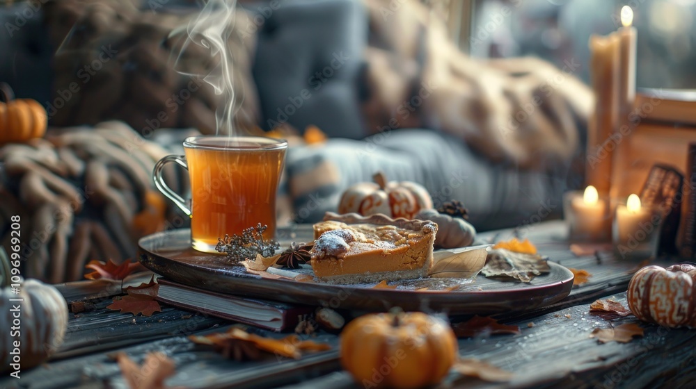 Cozy autumn scene with pumpkin pie, tea, and candles. Cozy autumn scene with pumpkin pie, tea, and candles.