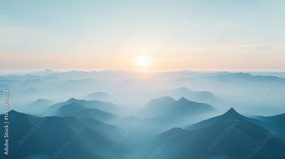 Majestic mountain landscape at sunrise with soft mist and warm light illuminating the horizon Majestic mountain landscape at sunrise with soft mist and warm light illuminating the horizon