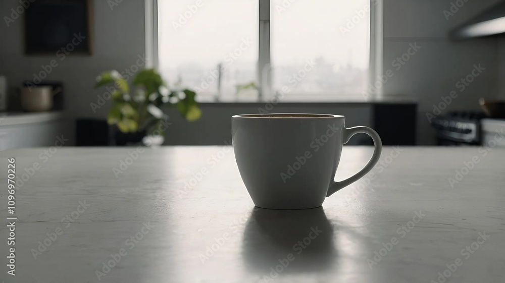 Obraz premium White coffee cup resting on a clean kitchen counter, illuminated by natural light streaming through a window, with a green potted plant adding a fresh touch in the background