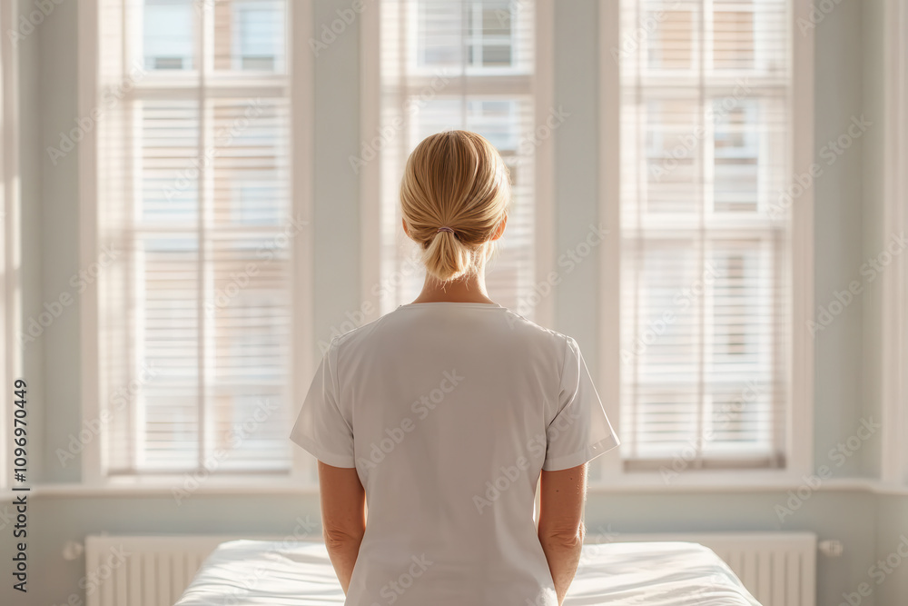 Rear view of a woman in a white uniform standing in a bright modern room with large windows and natural light Rear view of a woman in a white uniform standing in a bright modern room with large windows and natural light