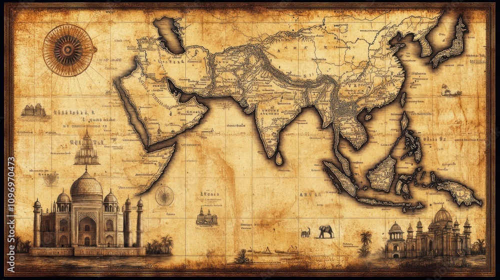 Obraz premium Antique Map Depicting Asia and Notable Architectural Landmarks