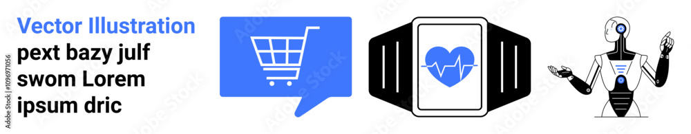 Shopping cart in blue chat bubble, smartwatch showing heartbeat, and robot with humanoid features. Ideal for e-commerce, fitness, technology, AI, communication, healthcare, wearable tech. Landing Shopping cart in blue chat bubble, smartwatch showing heartbeat, and robot with humanoid features. Ideal for e-commerce, fitness, technology, AI, communication, healthcare, wearable tech. Landing