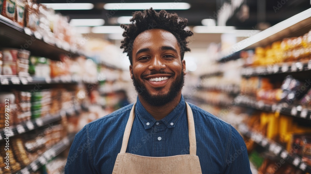 Smiling store employee in a grocery aisle during the day welcoming customers to a lively shopping experience Smiling store employee in a grocery aisle during the day welcoming customers to a lively shopping experience