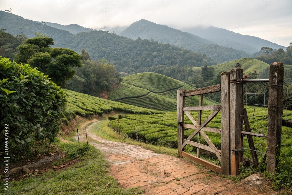 A rustic wooden gate leading to a secluded tea plantation surrounded by green hills, rolling landscape, peaceful scene, country roads, green hills A rustic wooden gate leading to a secluded tea plantation surrounded by green hills, rolling landscape, peaceful scene, country roads, green hills