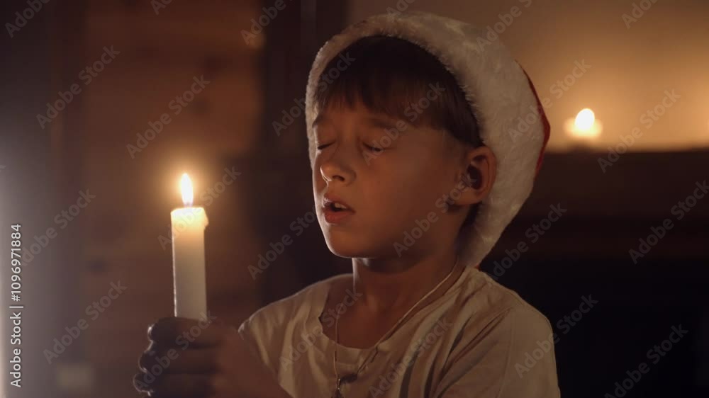 Young boy wearing a santa hat blowing out a candle on christmas and make a wish Young boy wearing a santa hat blowing out a candle on christmas and make a wish