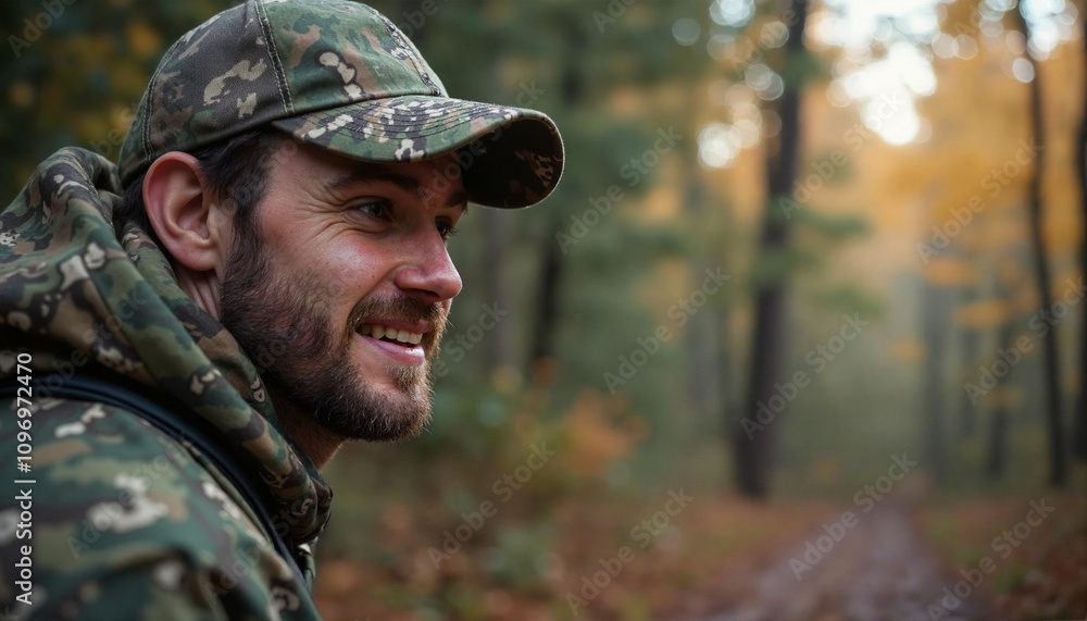 Smiling hunter in camouflage gear enjoying nature against autumn forest background Smiling hunter in camouflage gear enjoying nature against autumn forest background