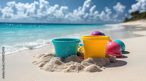 Colorful beach buckets on sand with toys, perfect for a day of fun at the seaside.