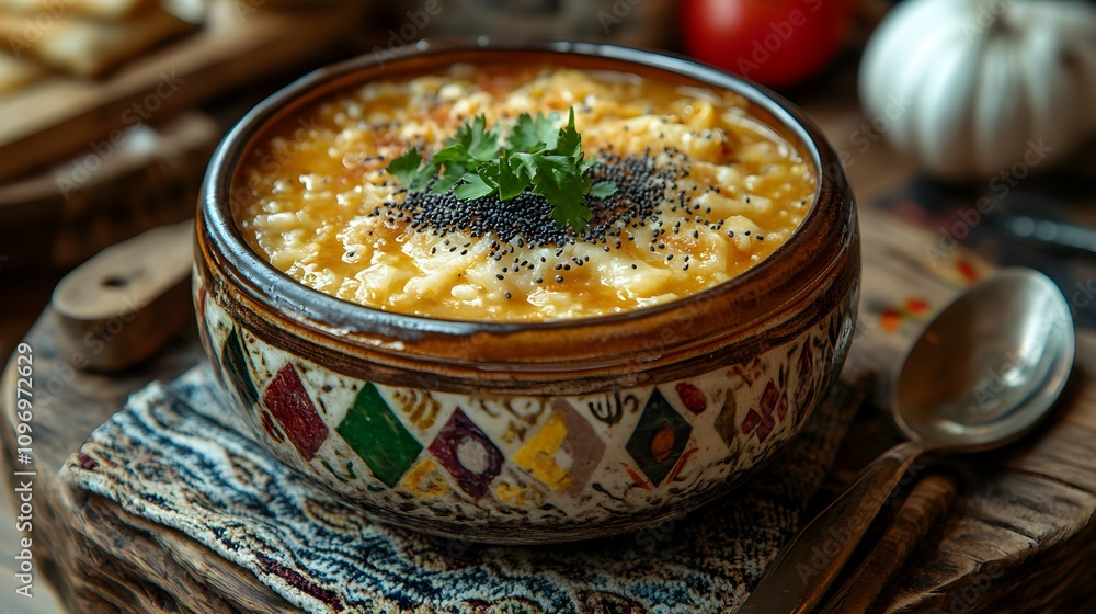 Ukrainian kutya wheat pudding with honey and poppy seeds, served in a traditional bowl Ukrainian kutya wheat pudding with honey and poppy seeds, served in a traditional bowl