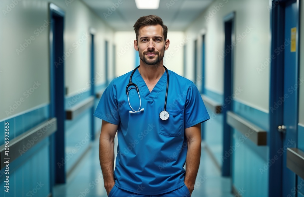Male doctor stands hospital corridor. He wears blue scrubs stethoscope. Confident healthcare worker. Medical pro. Hospital hallway. Portrait of surgeon. Medicine career. Male doctor stands hospital corridor. He wears blue scrubs stethoscope. Confident healthcare worker. Medical pro. Hospital hallway. Portrait of surgeon. Medicine career.