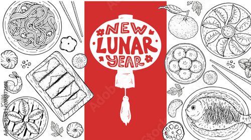 Foods of Chinese Lunar New Year frame. Hand drawn vector illustration. Chinese Food sketch. Holiday menu. Food design template.