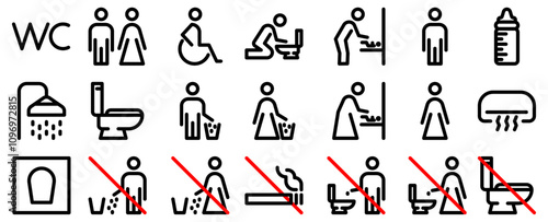 WC,  toilet, restroom for male  female or disabled person, bathroom or shower ,outline icon vector set. No smoking, no littering pictograms.  Do not throw trash in toilet bowl sign. Editable Stroke. 