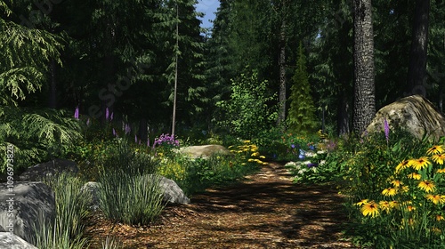 A digital simulation of a temperate forest ecosystem showing species interactions and responses to seasonal changes  photo