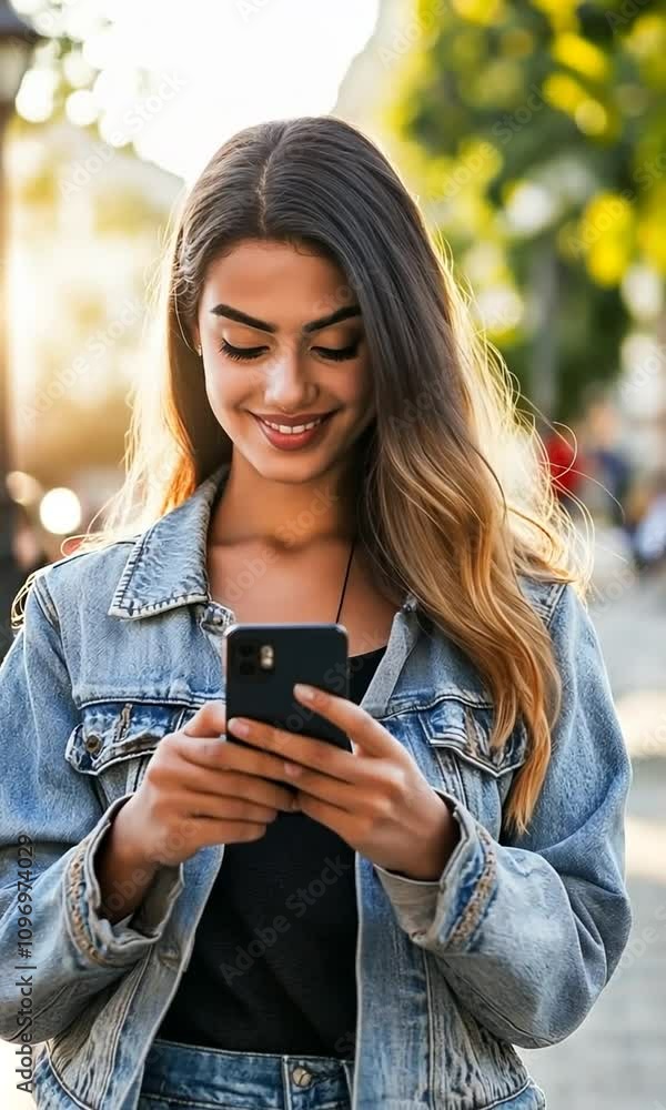 A woman is looking at her cell phone while walking on the street, vertical A woman is looking at her cell phone while walking on the street, vertical