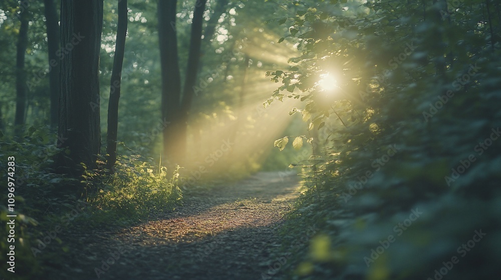 Obraz premium Sunbeams illuminate a forest path.
