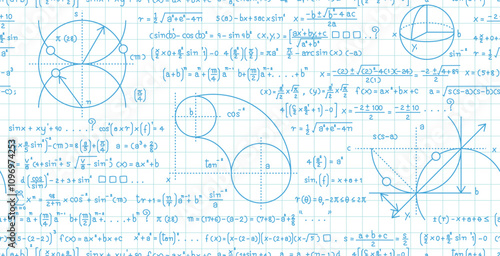 Seamless mathematical formulas and curves on white background.