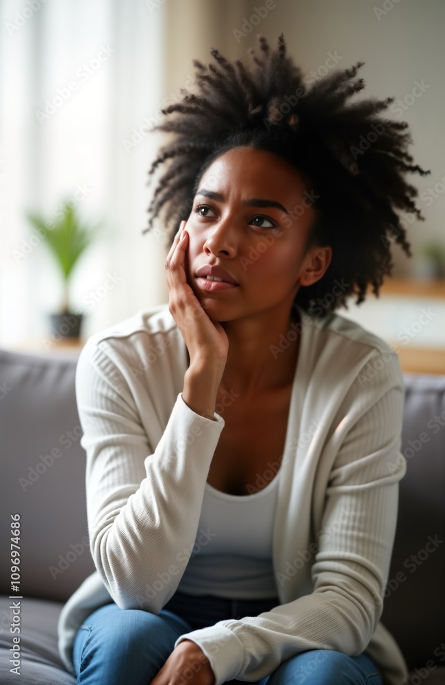 Young Black woman sits home sofa. She looks upset thoughtful. Pregnancy decision causes stress. Difficult choice. Problem solving. Female faces fertility crisis.