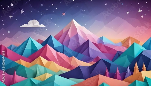 Paisaje Montañoso Abstracto Montañas con formas suaves y colores no convencionales, como tonos pastel o degradados vibrantes, bajo un cielo irreal con estrellas brillantes y nebulosas 