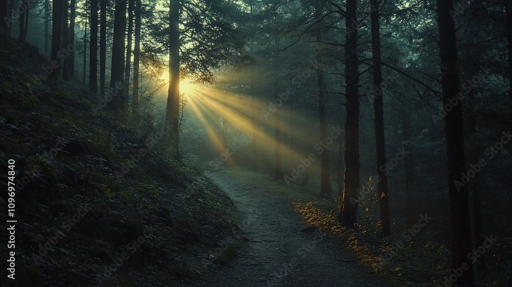 Obraz premium Sunbeams illuminate a misty forest path. (1)