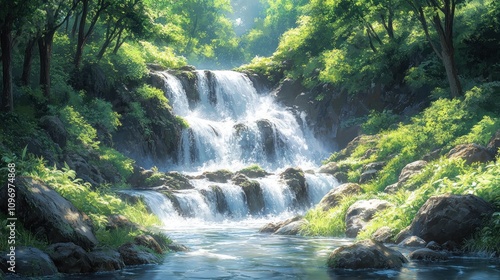 Serene Waterfall in Lush Forest
